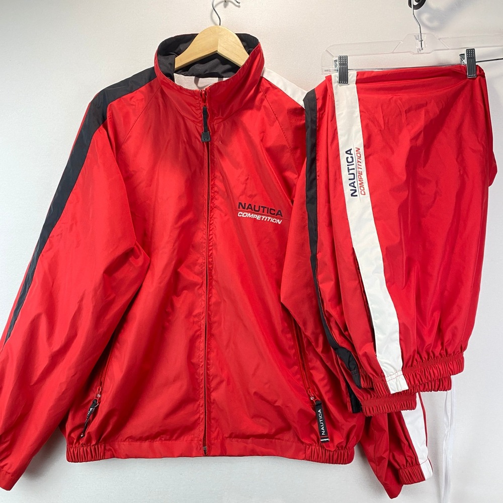 VTG Nautica Competition Tracksuit Mens Medium Red Black White Cotton Lined Set